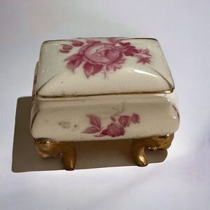 Vtg Mini Lidded 4 Footed Trinket Box SRG Japan Gold Trim Pink Flower